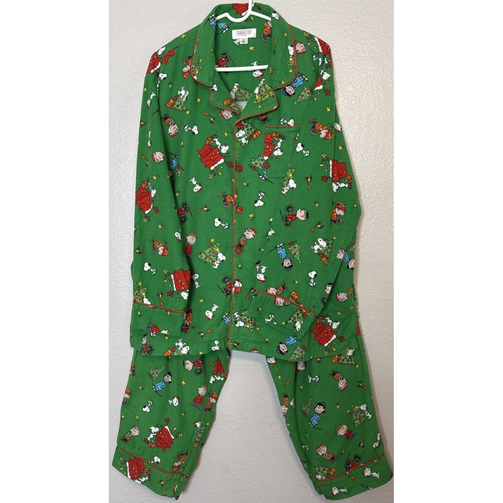 Peanuts by Schulz Holiday Pajamas Womens XL Green Cotton Snoopy Christmas 2pc